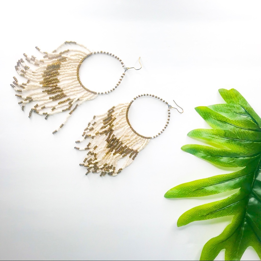 Cream and Gold Beaded Boho Chic Dangle Earrings